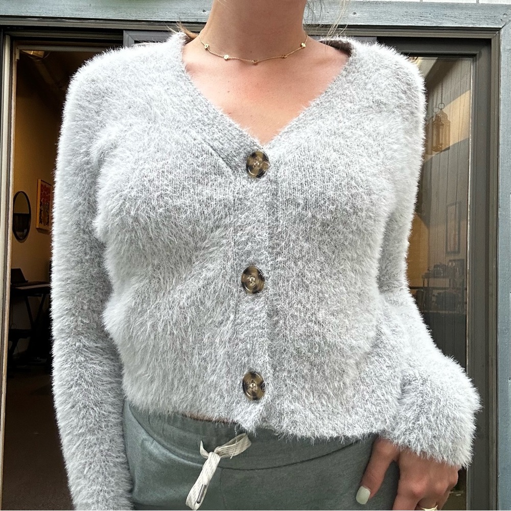 Garage Light Grey Fuzzy Cropped Button Up Cardigan